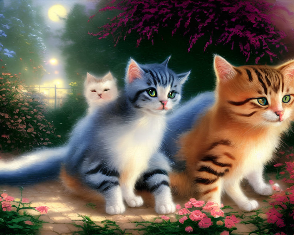 Three fluffy cats in vibrant garden with pink flowers under twilight sky