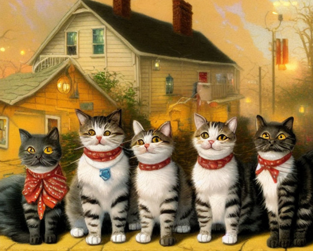 Four cats with bandanas on wall in front of cozy house at dusk