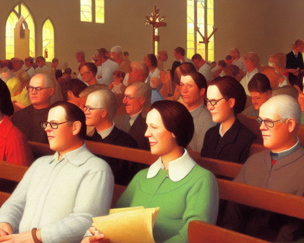 People in church pews under sunlight.