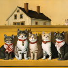 Four cats with bandanas on wall in front of cozy house at dusk