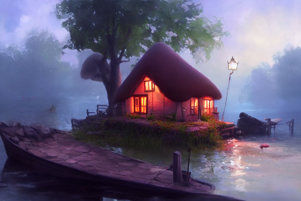 Thatched Roof Cottage at Twilight by Tranquil River