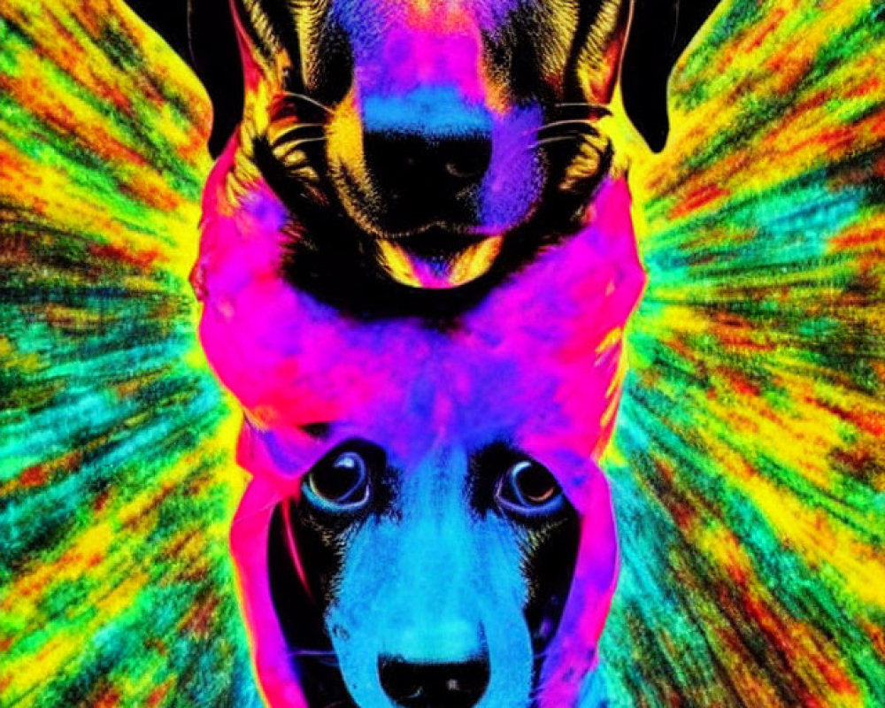 Colorful Psychedelic Digital Art: Two Dogs with Rainbow Burst