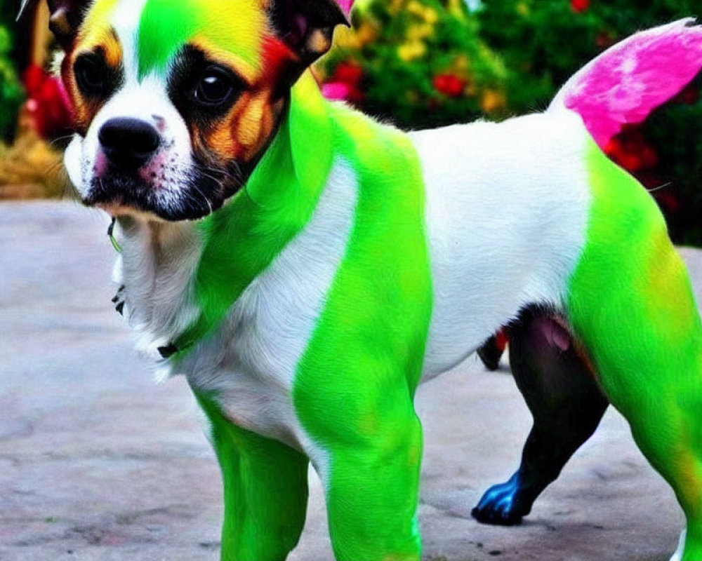 Colorful Dog with Green and Pink Dyed Fur in Curious Pose