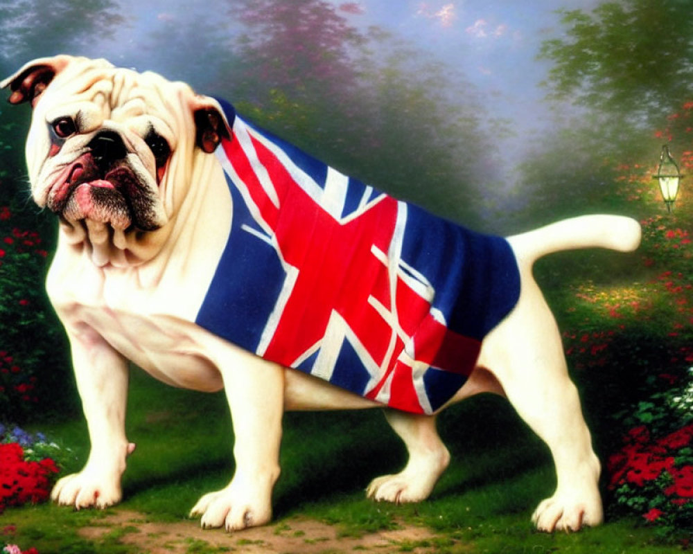 British Flag Bulldog in Colorful Garden with Blooming Flowers