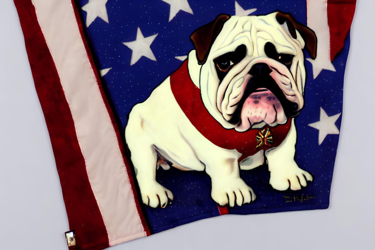 Bulldog illustration on fabric with American flag background