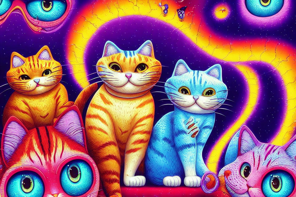 Colorful Stylized Cats in Cosmic Setting with Human-Like Eyes