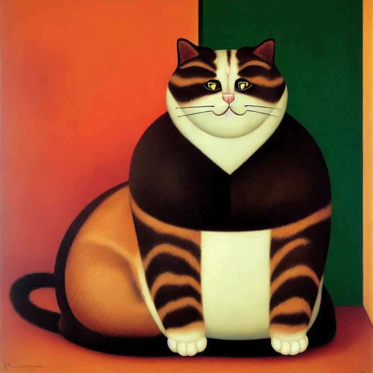 Stylized painting of plump cat with black and tan stripes on orange and green background