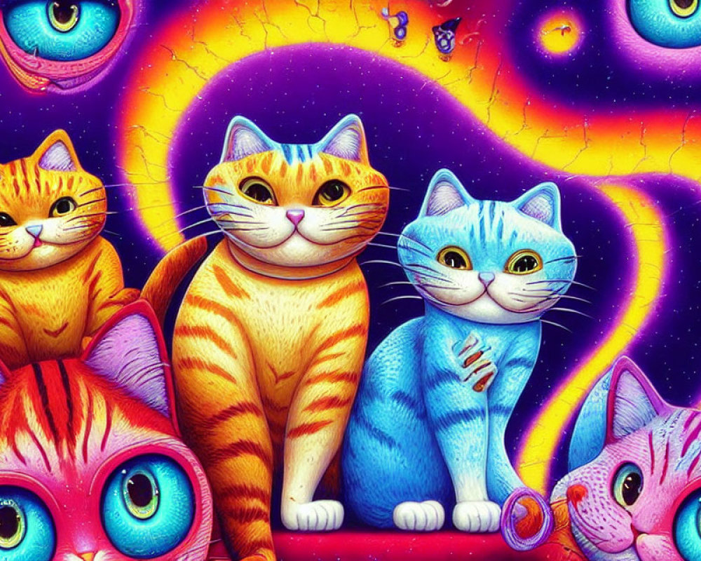 Colorful Stylized Cats in Cosmic Setting with Human-Like Eyes