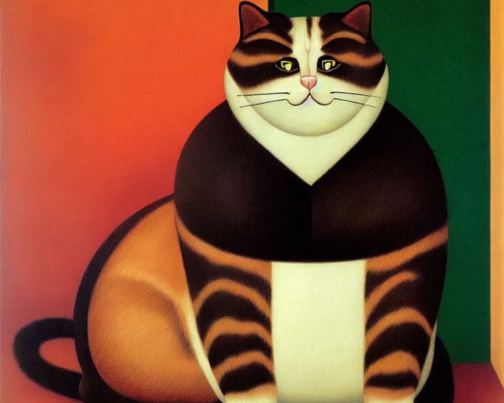 Stylized painting of plump cat with black and tan stripes on orange and green background