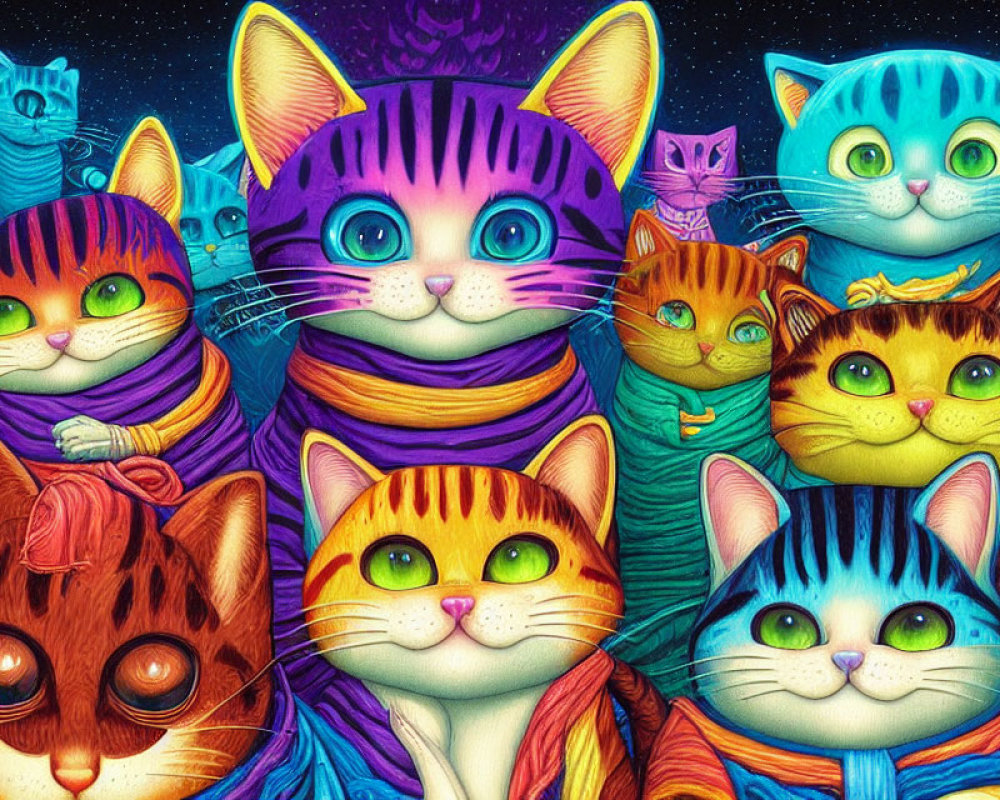 Colorful Cats in Scarves on Cosmic Background