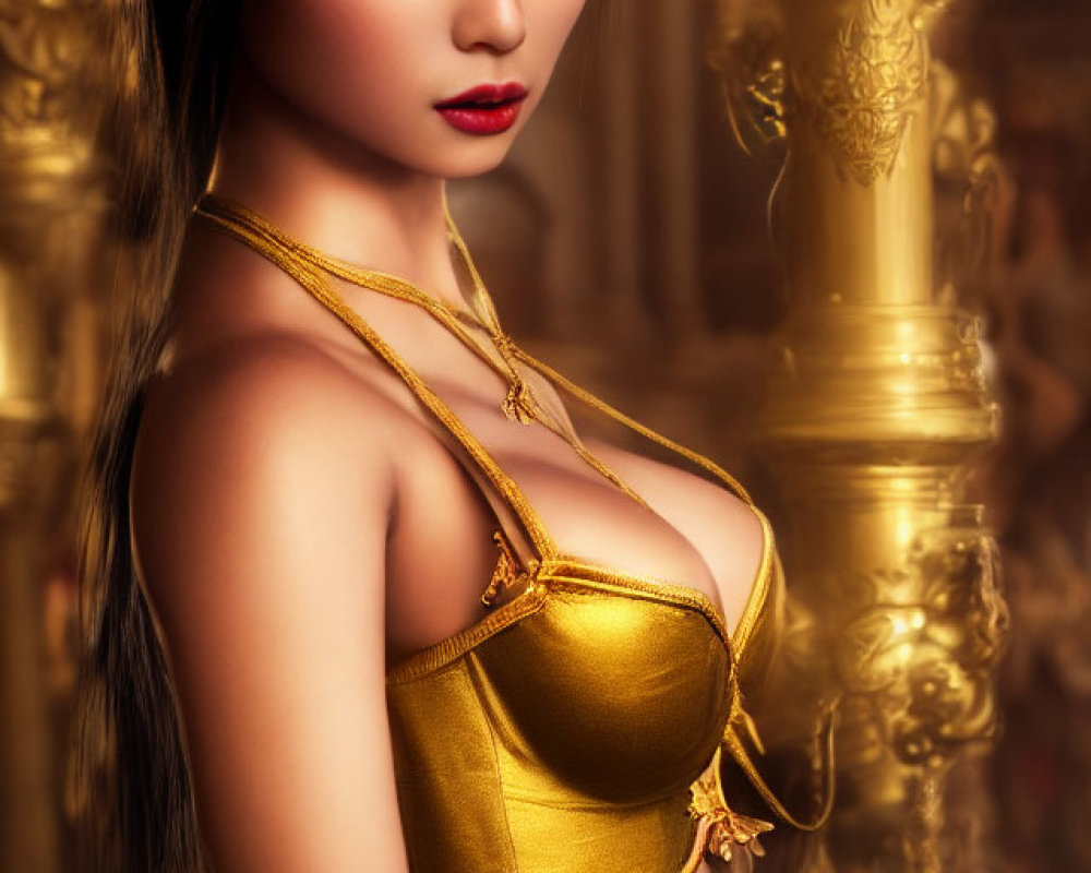 Woman in Golden Attire Poses Confidently in Ornate Interior