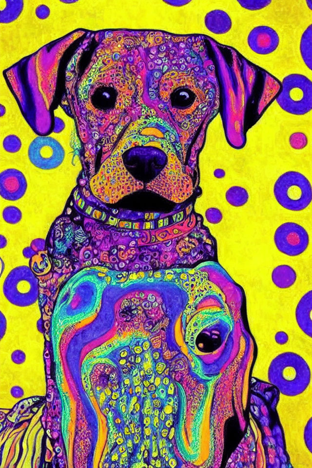 Colorful Psychedelic Dog Illustration on Yellow Background