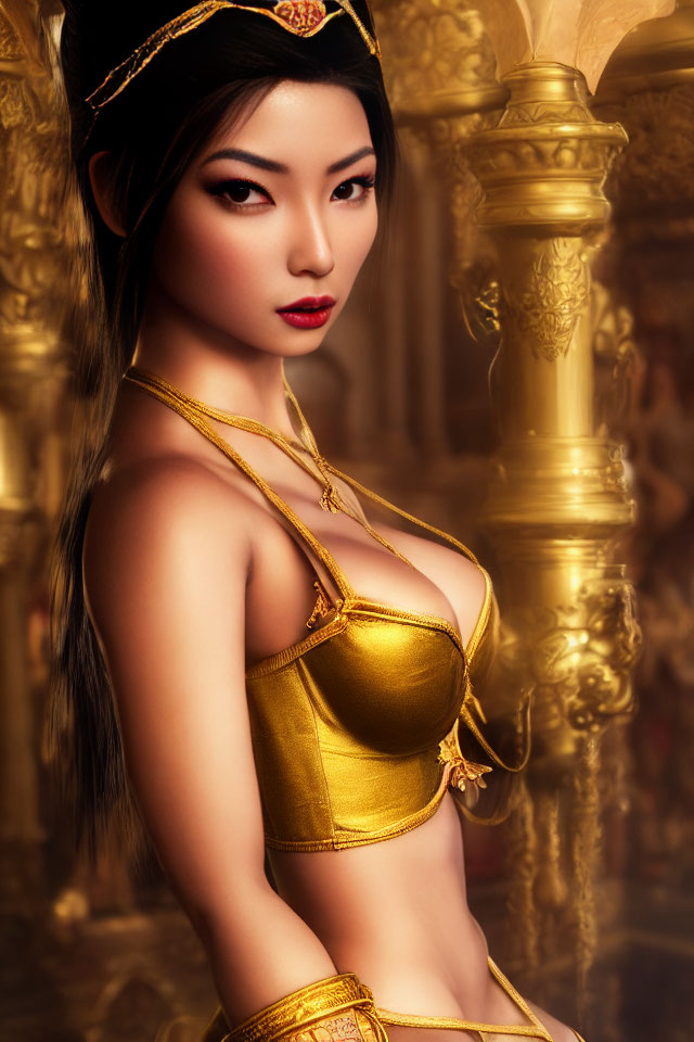 Woman in Golden Attire Poses Confidently in Ornate Interior