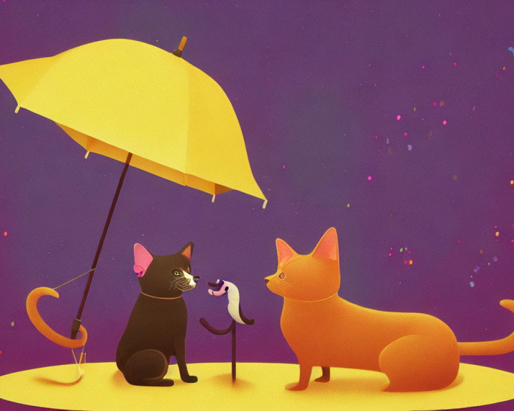Cartoon black and orange cats under yellow umbrella on purple background