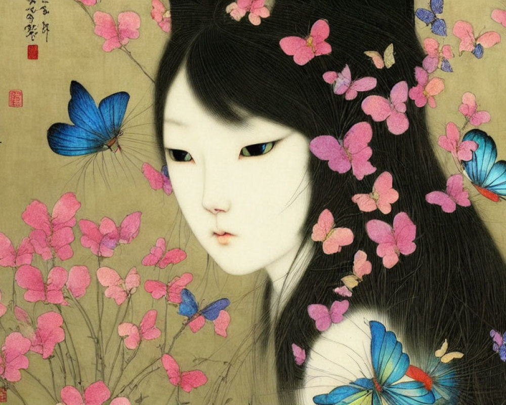 Traditional Asian-style illustration of woman with black hair, pink flowers, and blue butterflies