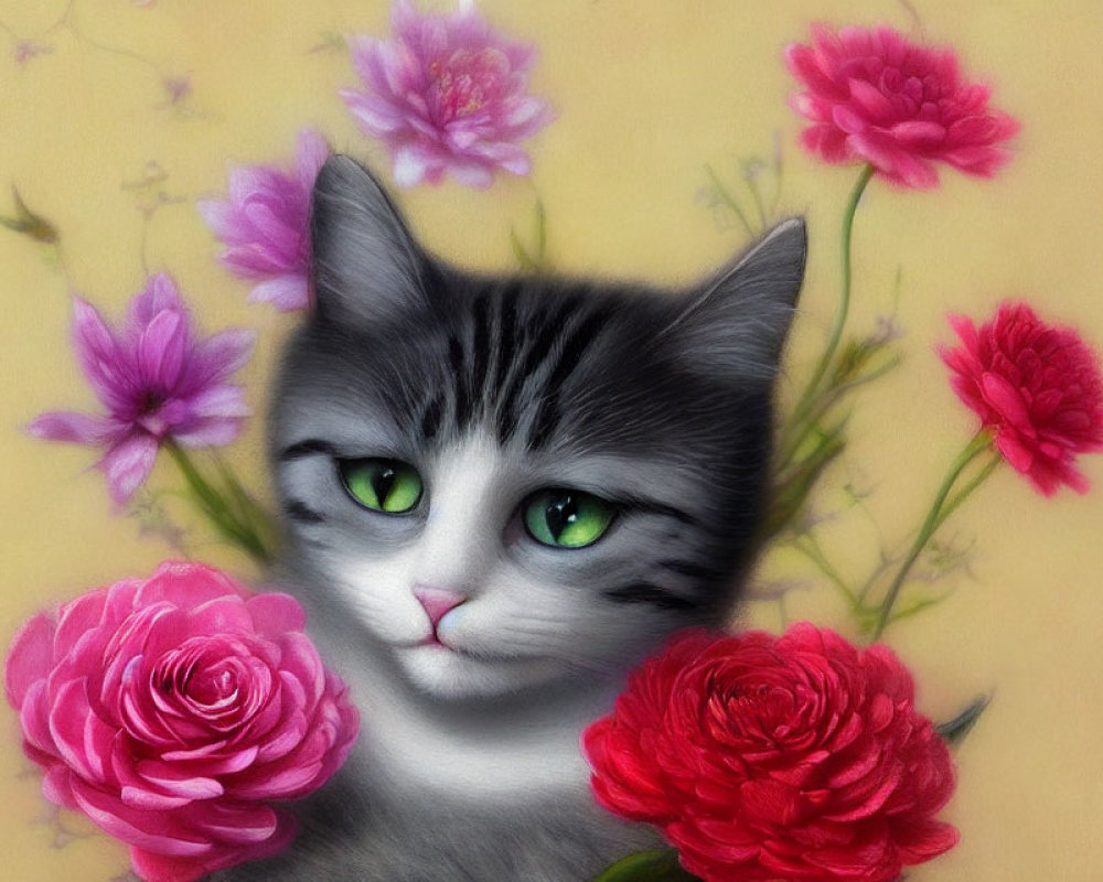 Grey and White Cat with Green Eyes Surrounded by Pink and Red Flowers on Yellow Background