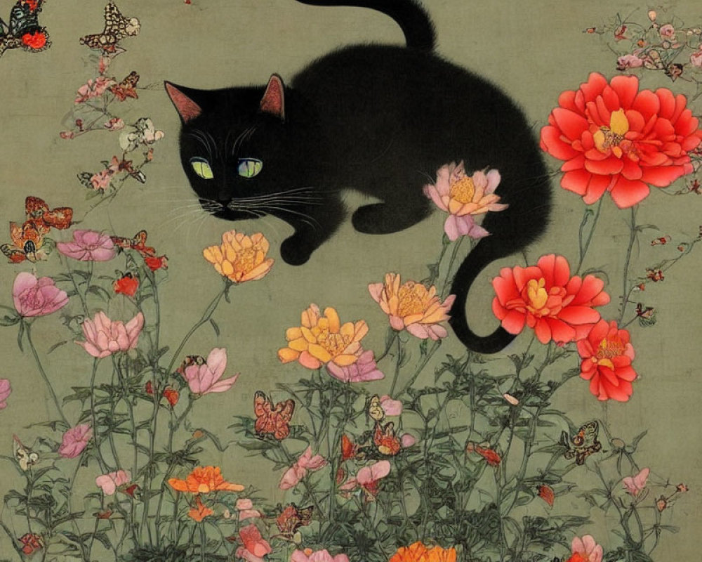 Black Cat with Green Eyes Resting on Blooming Flowers and Butterflies on Grey Background