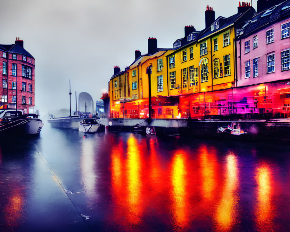 Vibrant canal scene with colorful buildings and boats under overcast sky