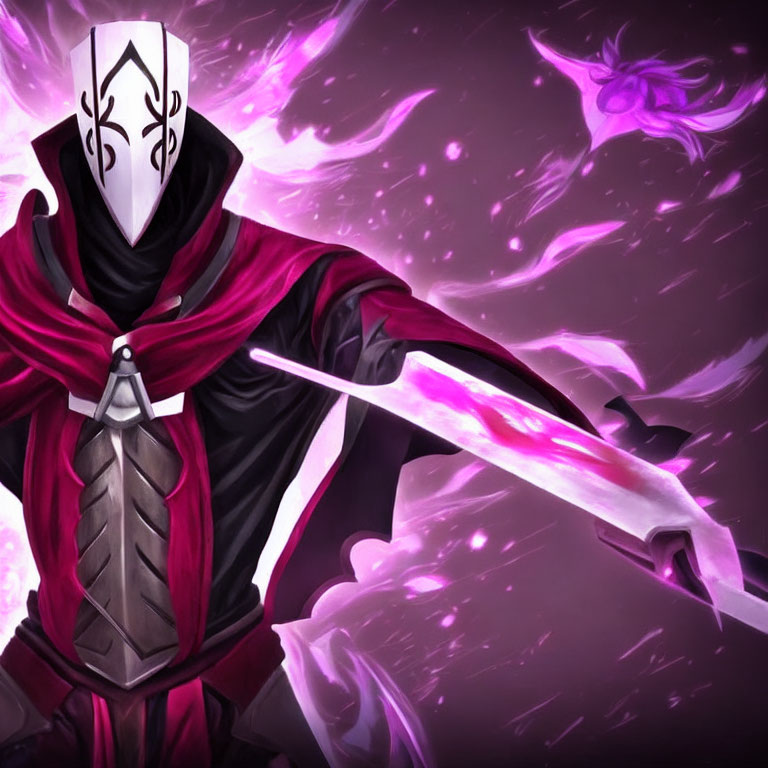 Mysterious figure in dark cloak with white mask and glowing purple blade