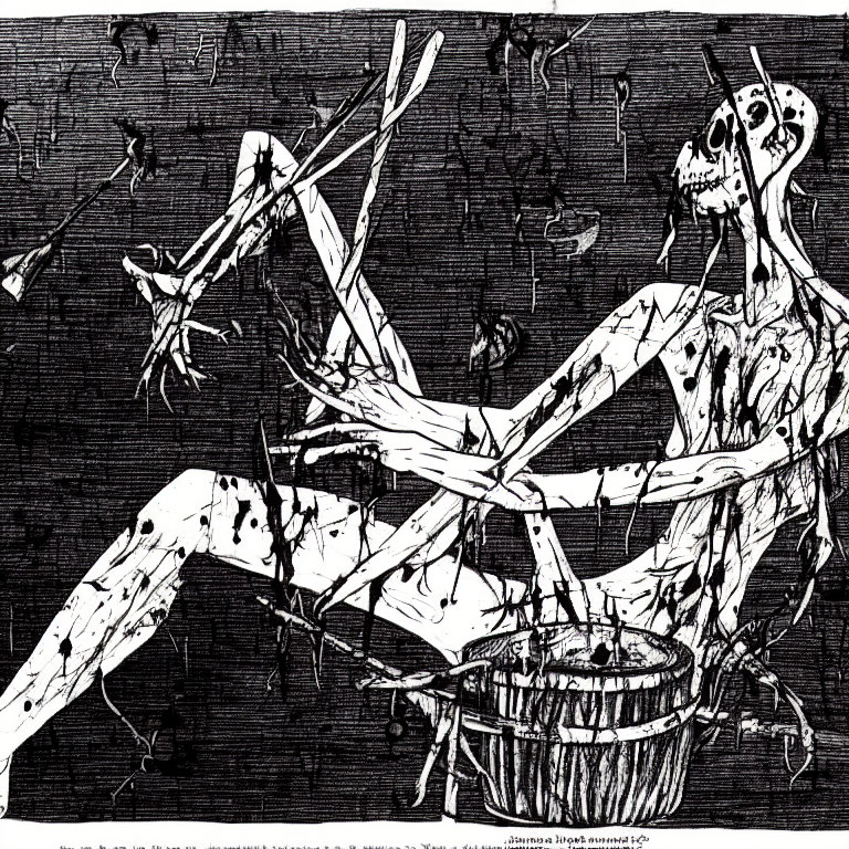Monochrome sketch of skeletal figure drumming with dynamic strokes.