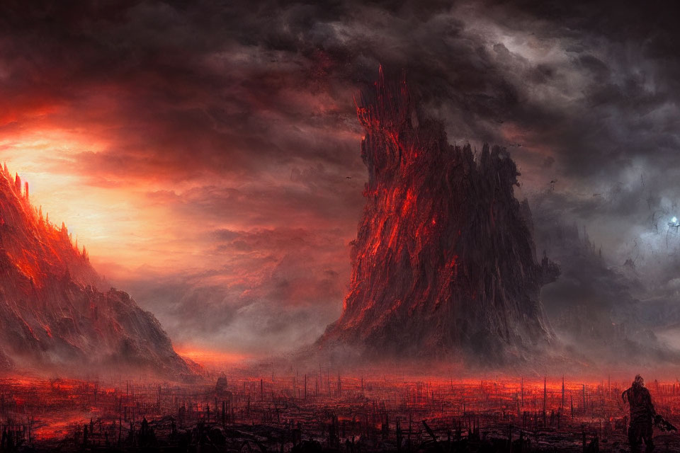 Dramatic apocalyptic landscape with fiery skies and rocky structure
