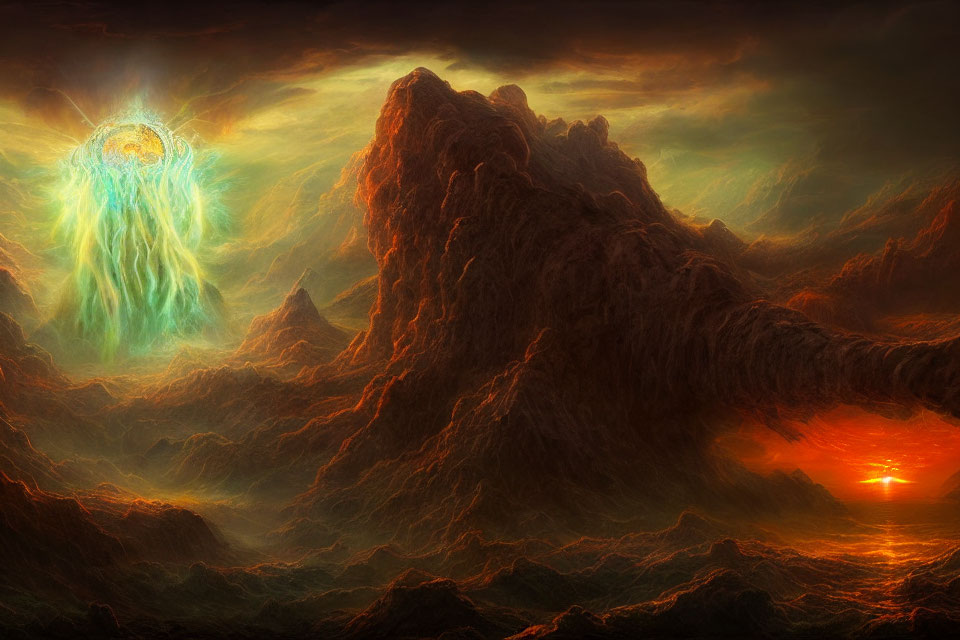 Fantastical landscape with glowing mountains and celestial object.