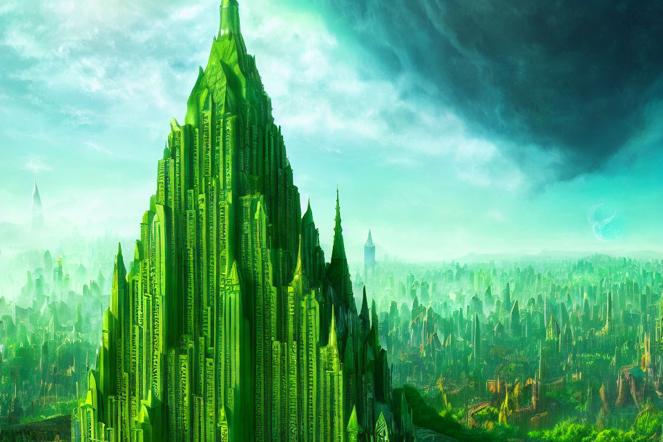 Vibrant Green Cityscape with Towering Buildings and Celestial Sky
