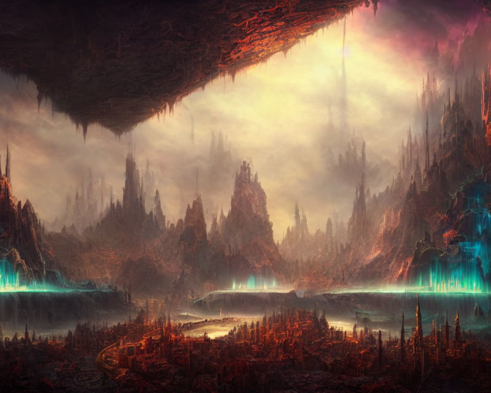 Fantastical landscape with towering spires and glowing rivers