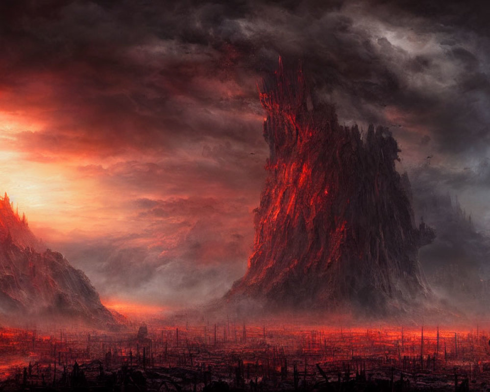 Dramatic apocalyptic landscape with fiery skies and rocky structure
