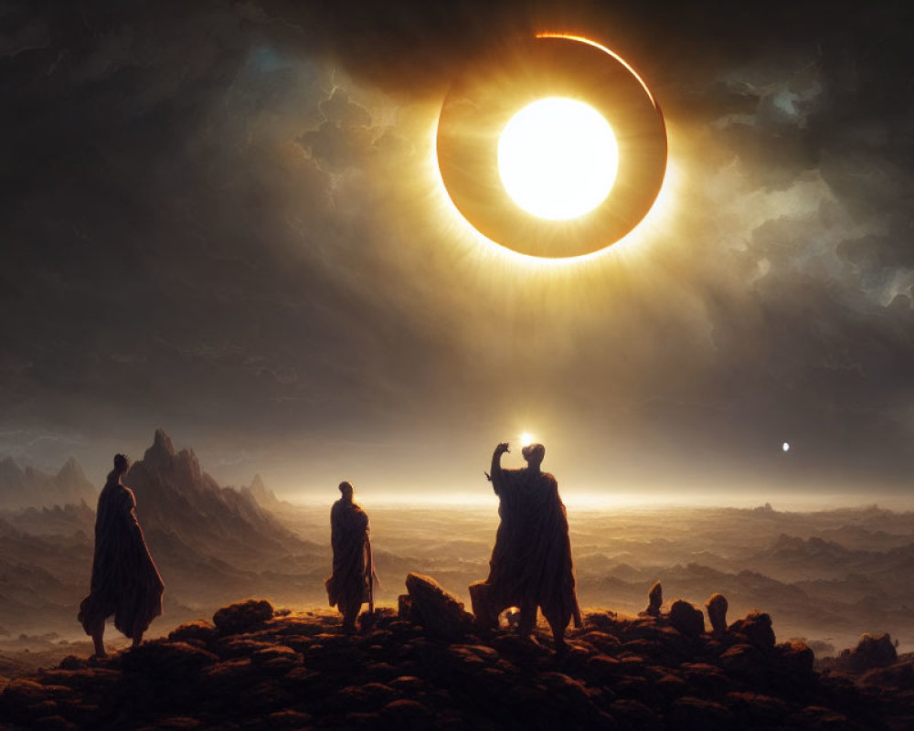 Three robed figures observing solar eclipse on rocky terrain