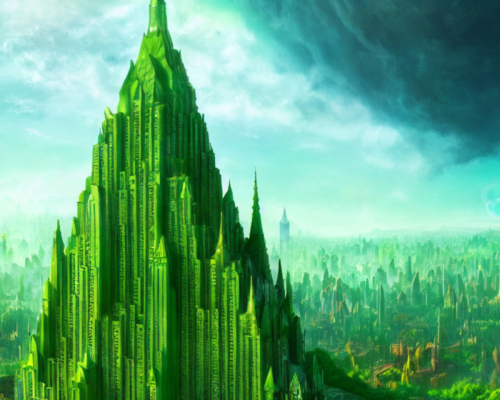 Vibrant Green Cityscape with Towering Buildings and Celestial Sky