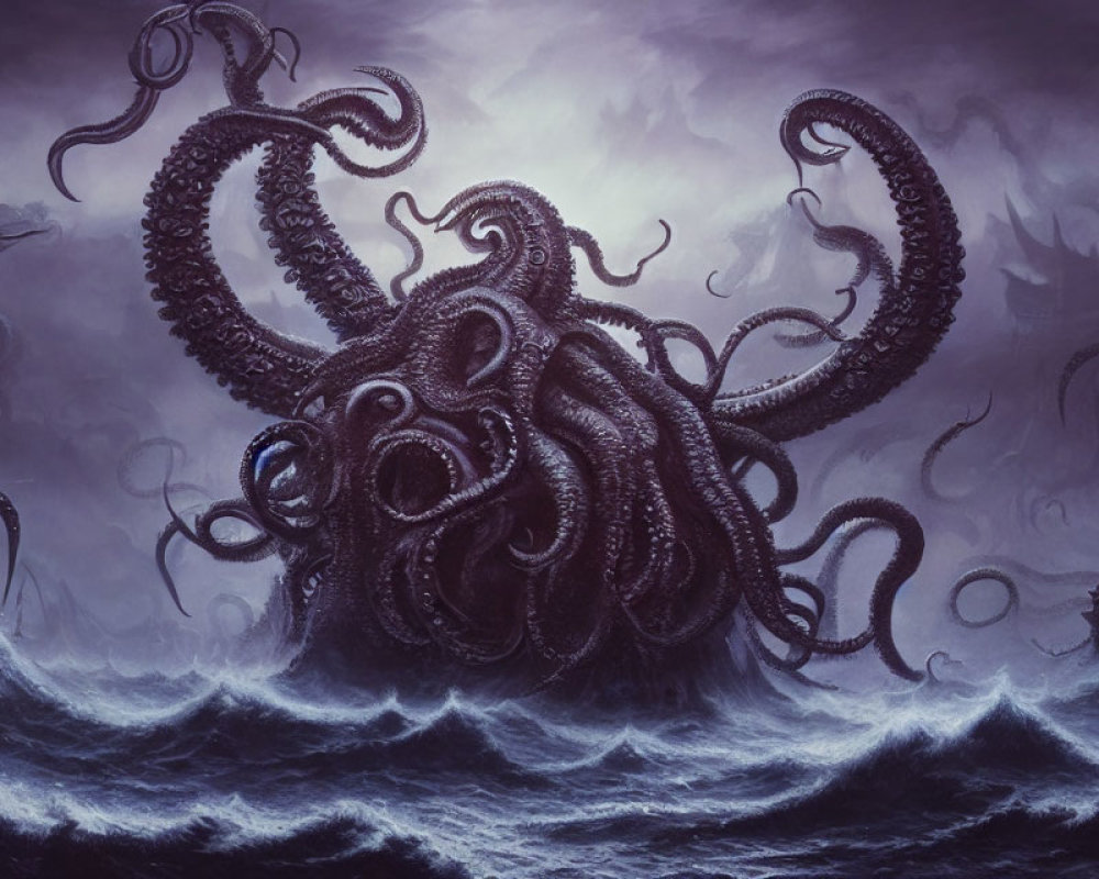 Monstrous octopus emerges from stormy sea waters