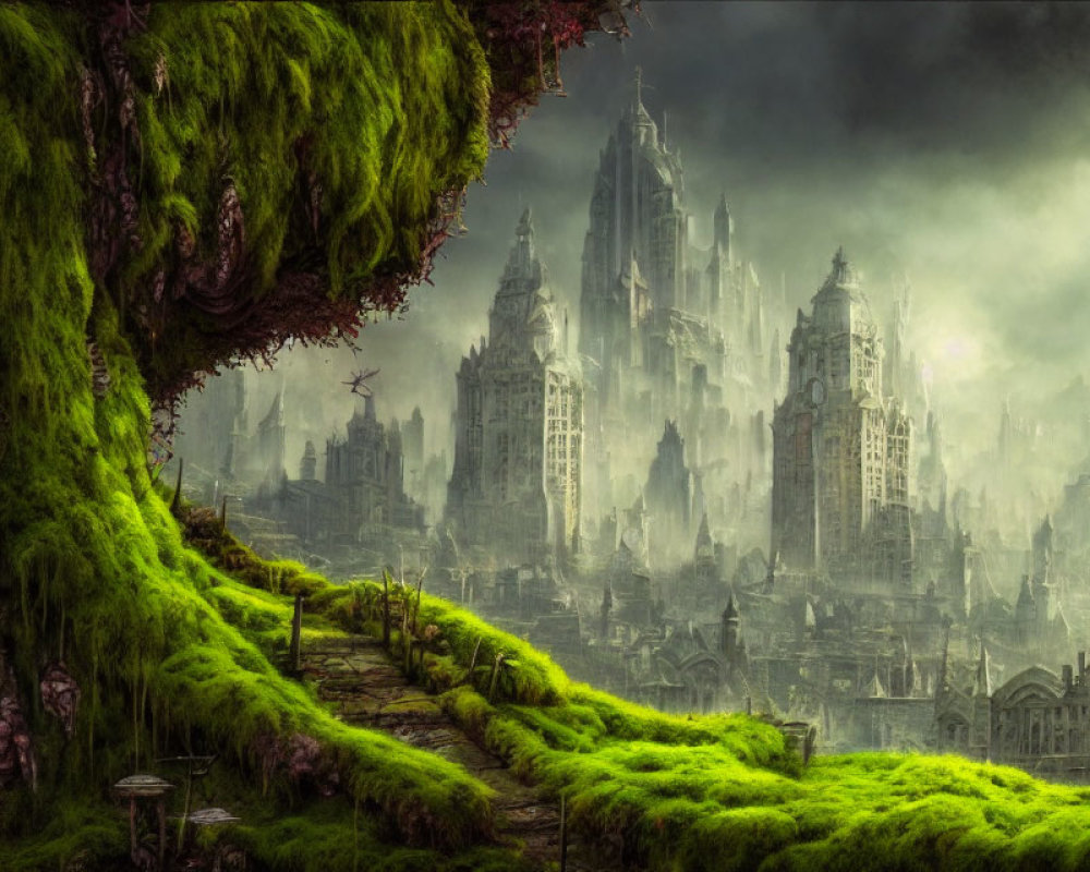 Mystical Gothic city shrouded in mist with lush green landscape.