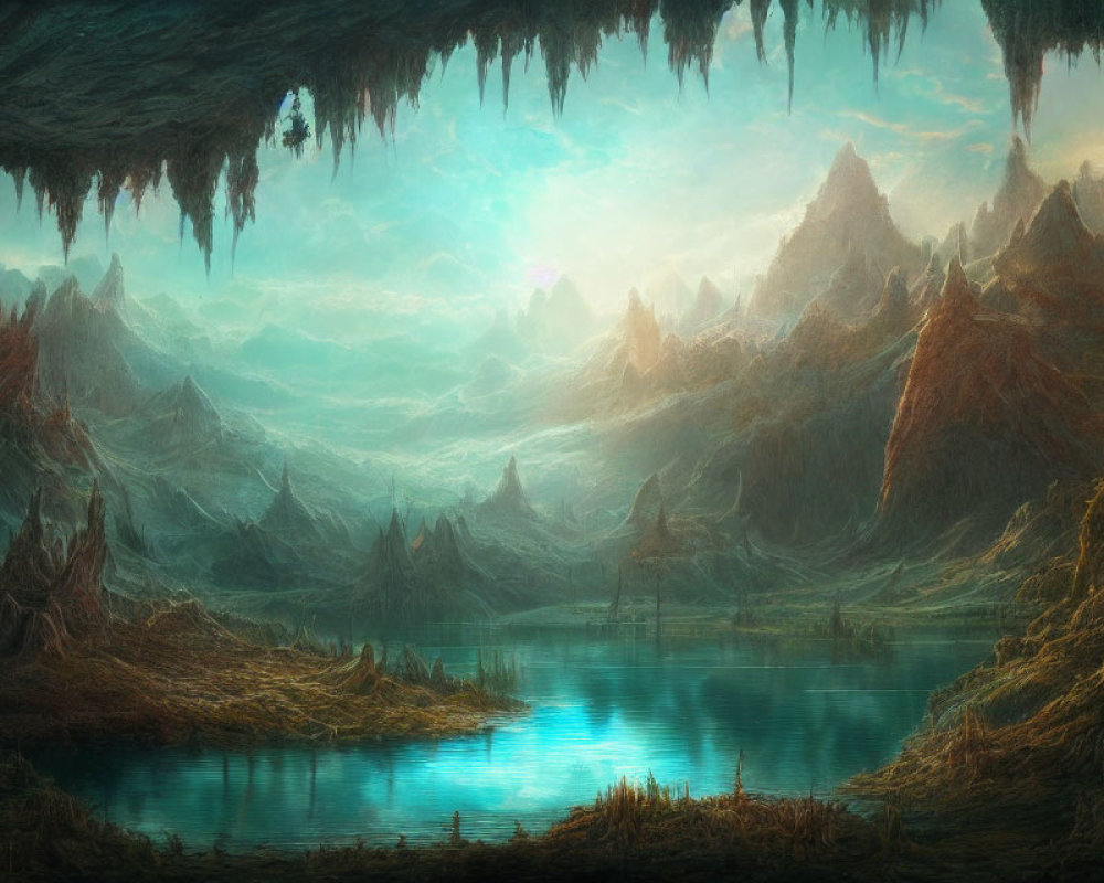 Mystical subterranean lake in fantasy landscape with glowing light