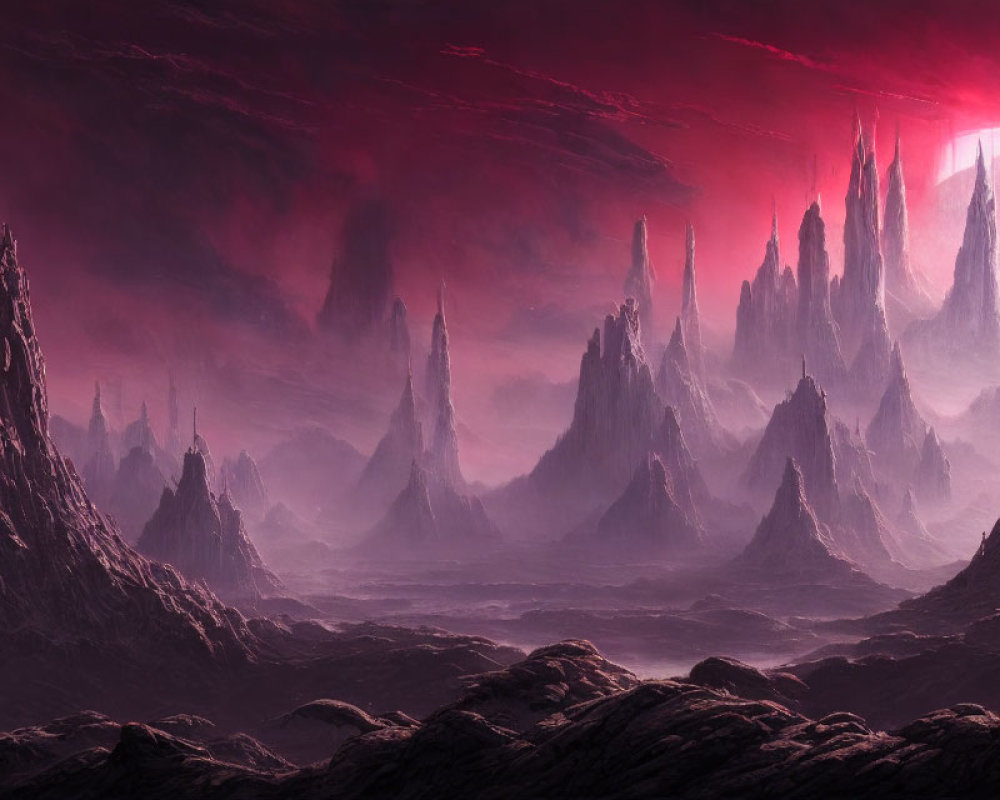 Alien landscape with towering spires under red sky and small moon
