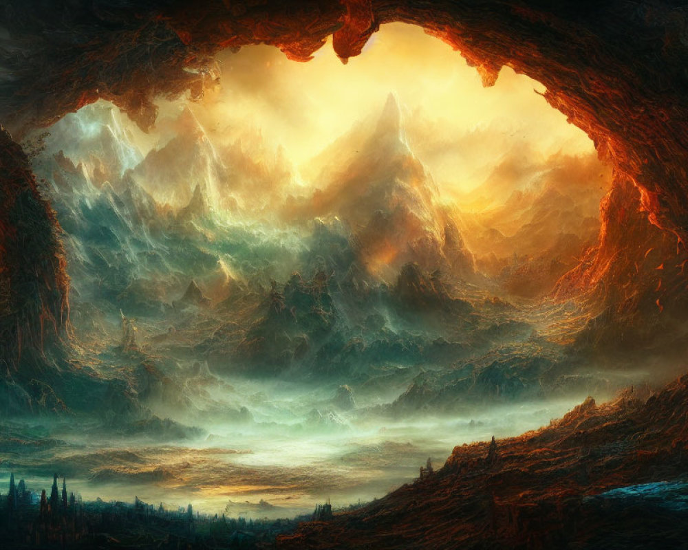 Fantastical landscape with glowing cavern entrance and rugged mountain range