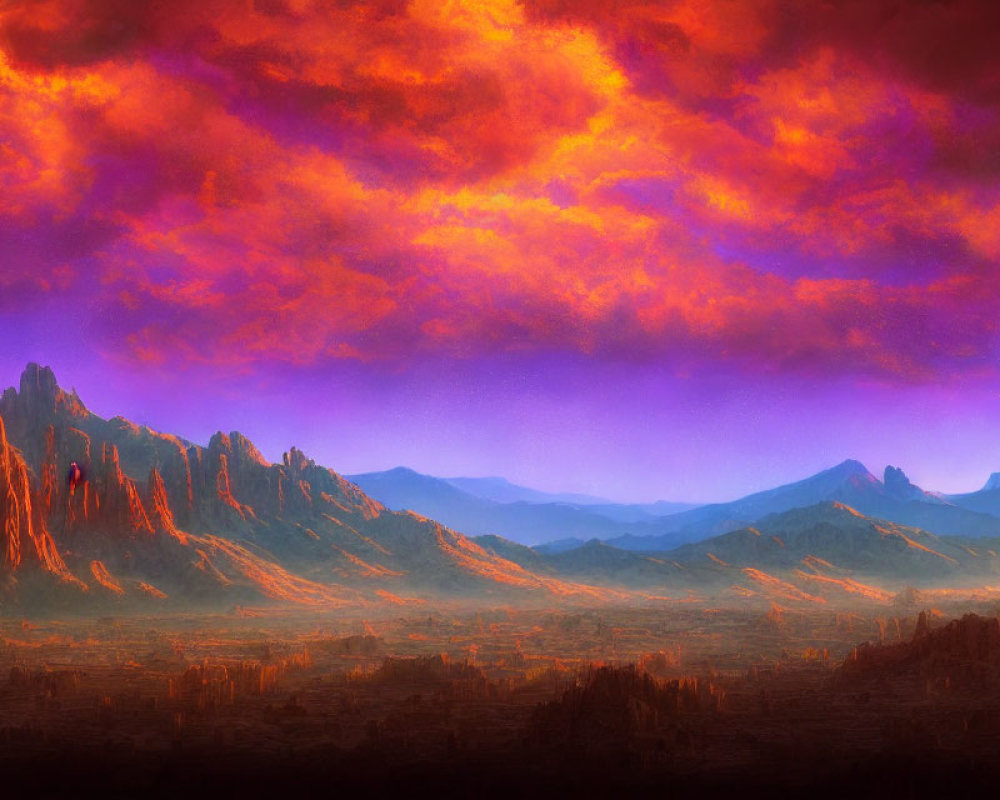 Colorful otherworldly landscape at dusk with fiery red clouds and jagged peaks.