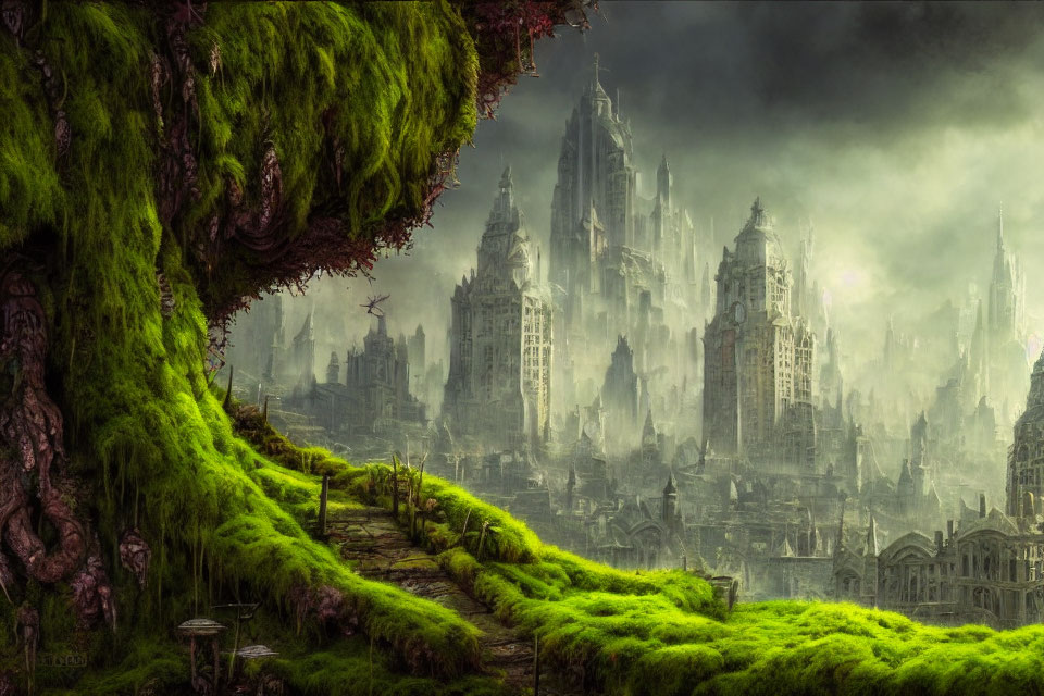 Mystical Gothic city shrouded in mist with lush green landscape.
