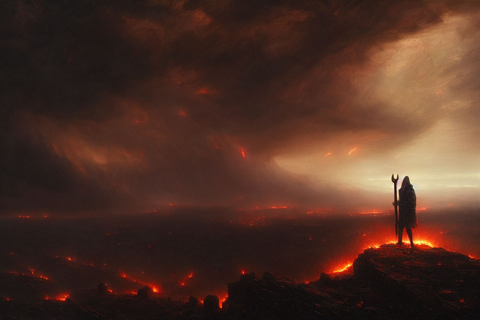 Person overlooking cliff with burning lava flows & fiery sky