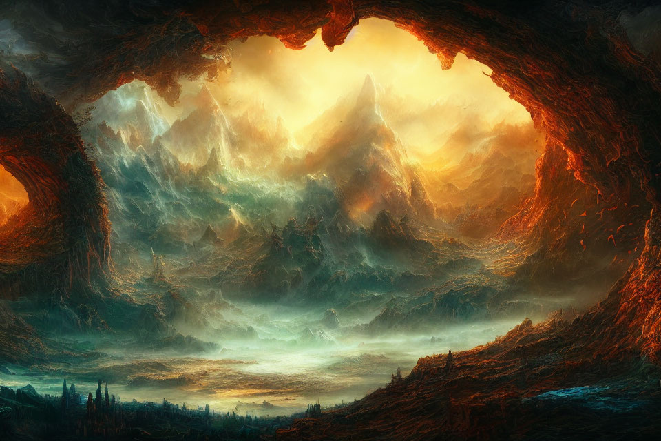 Fantastical landscape with glowing cavern entrance and rugged mountain range