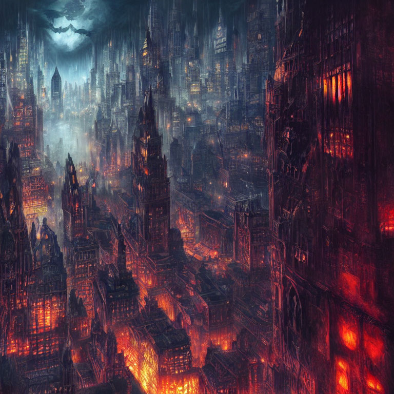 Dystopian cityscape at night: towering buildings, red lights, dense smoke