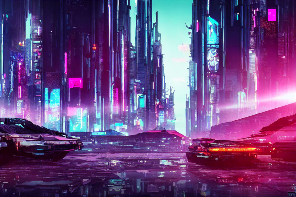Futuristic neon-lit cityscape with skyscrapers and flying cars