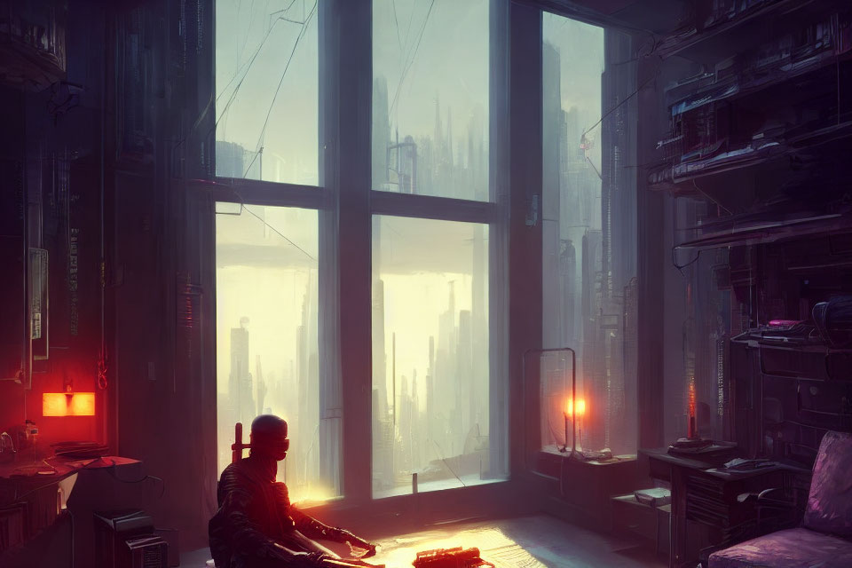 Person sitting in dim futuristic room overlooking cyberpunk cityscape