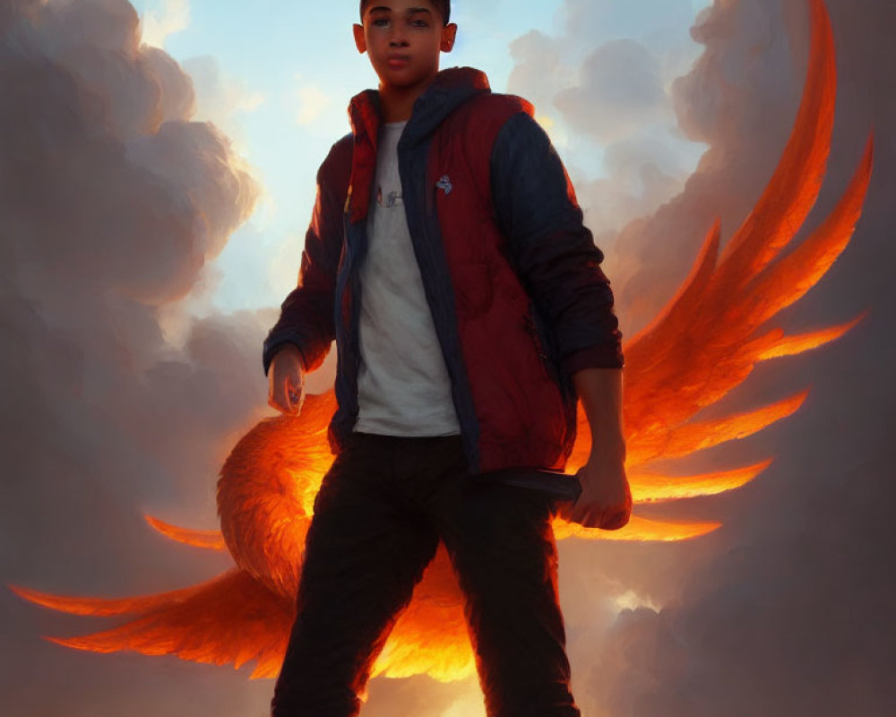 Young person with fiery wings in dramatic sky setting