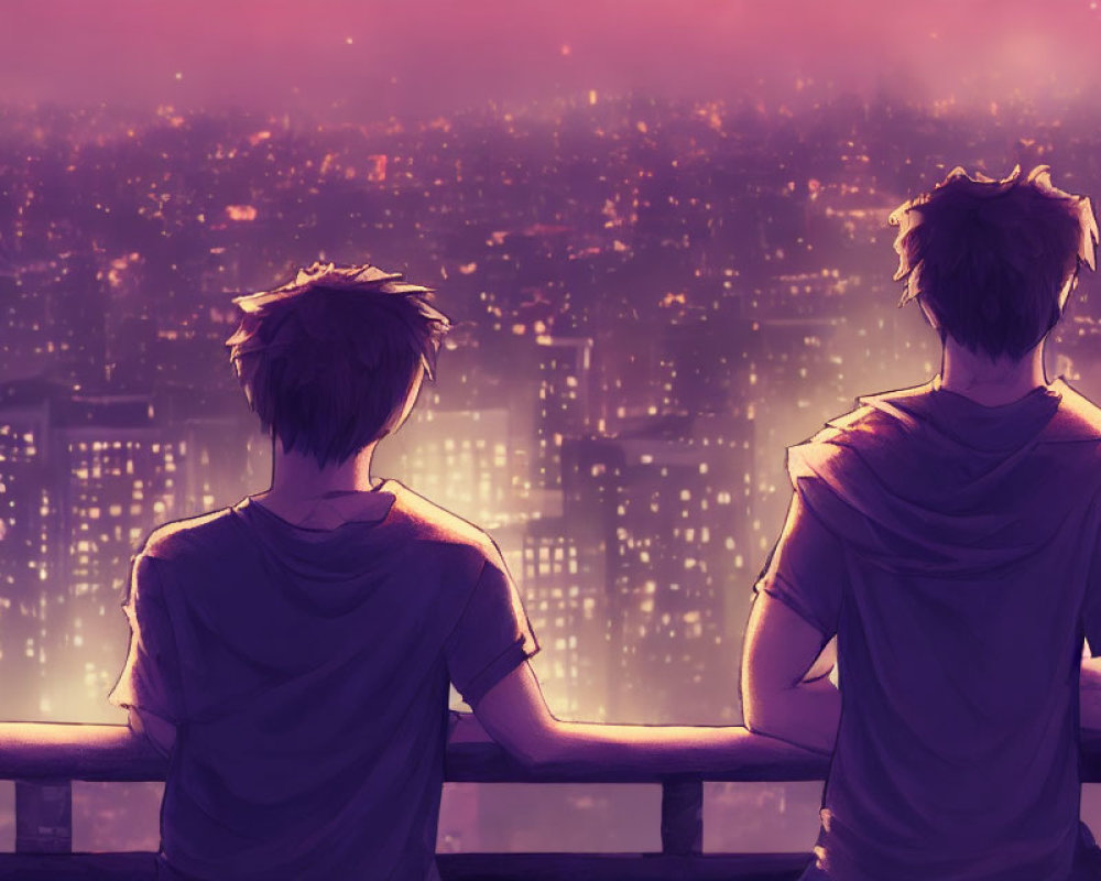 Two individuals admiring cityscape at sunset with purple and pink hues.