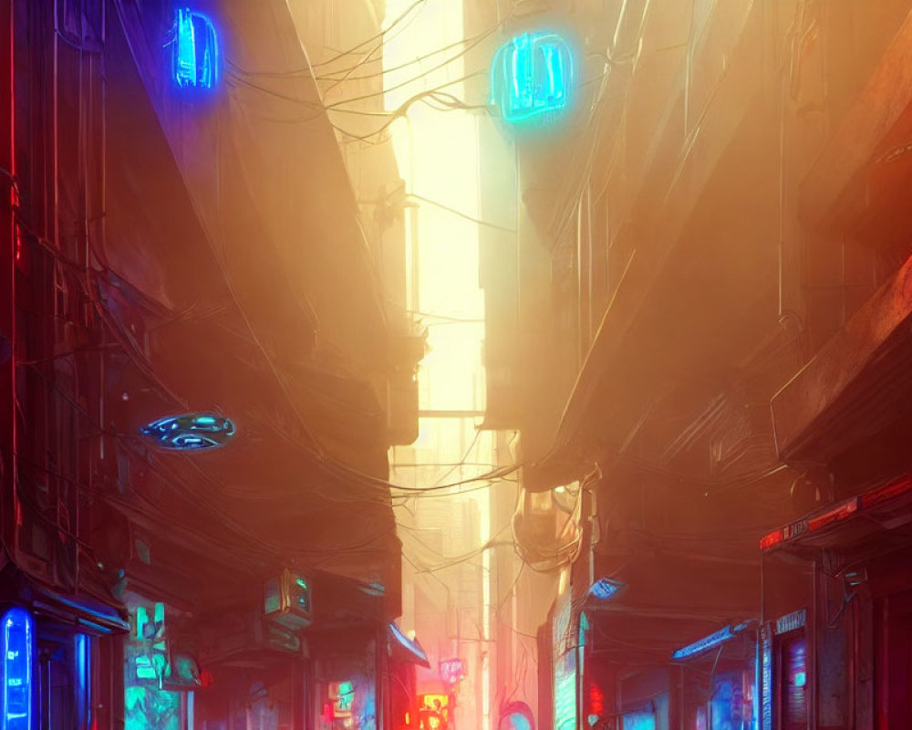 Neon-lit Cyberpunk Alleyway with Glowing Signs