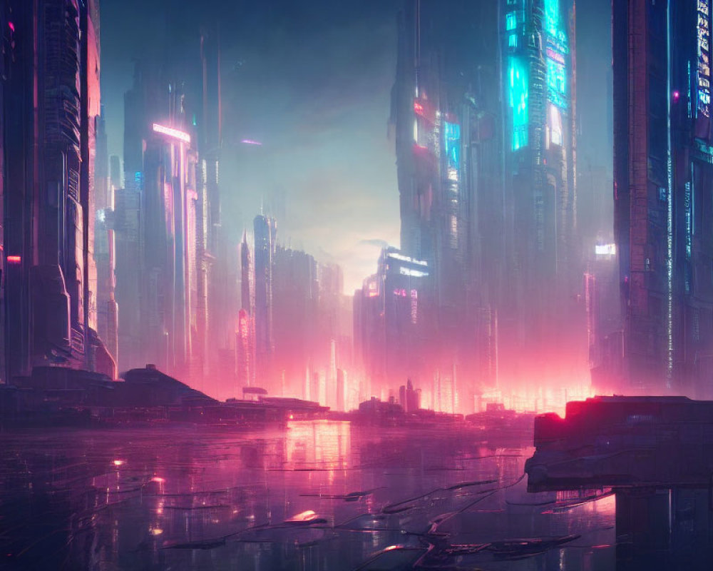 Neon-lit futuristic cityscape under pink and blue sky