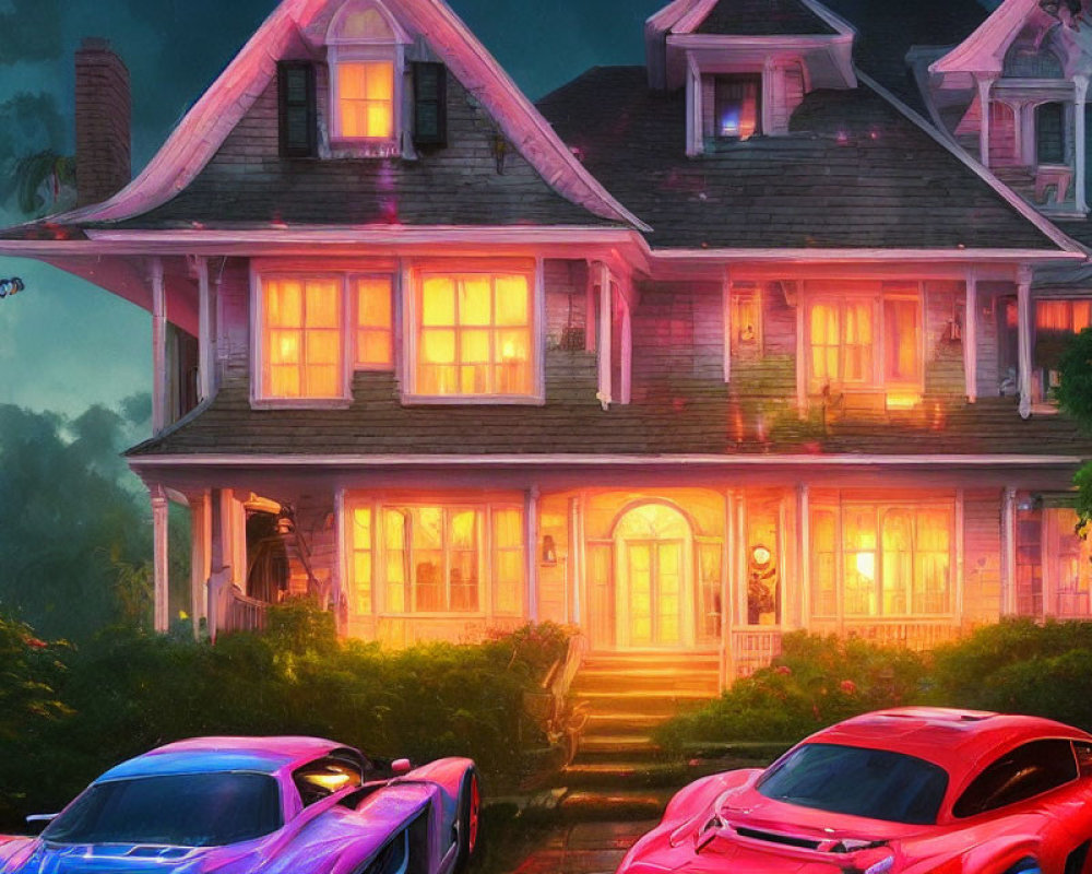 Cozy two-story house at dusk with illuminated interior and two sports cars parked outside