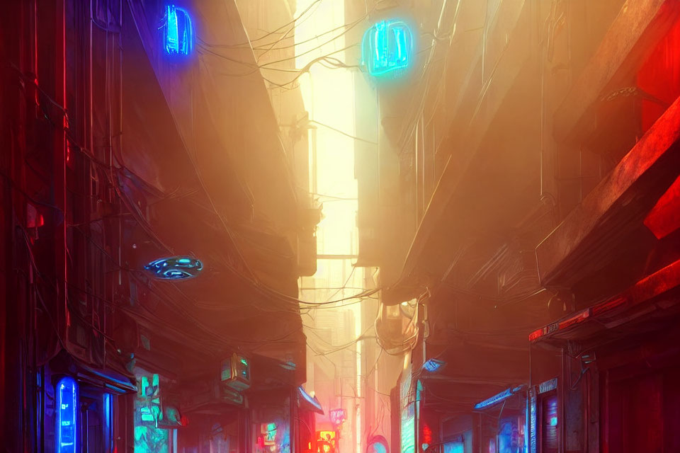 Neon-lit Cyberpunk Alleyway with Glowing Signs