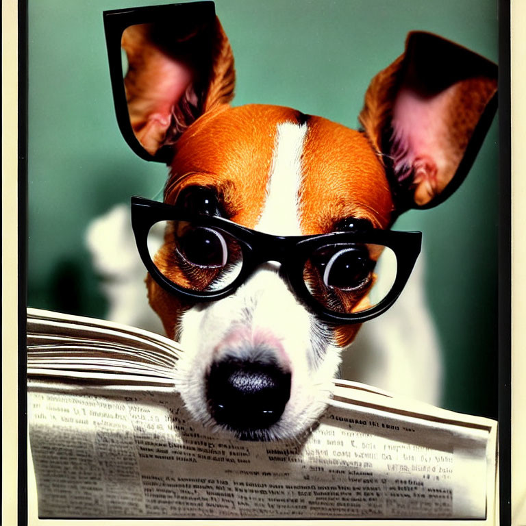 Jack Russell Terrier in black glasses reading book